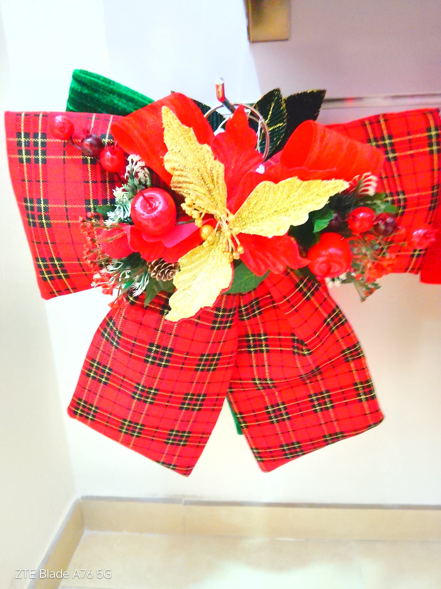 Fiocco Natalizio Gigante "Tartan Scozzese e Poinsettia Oro"