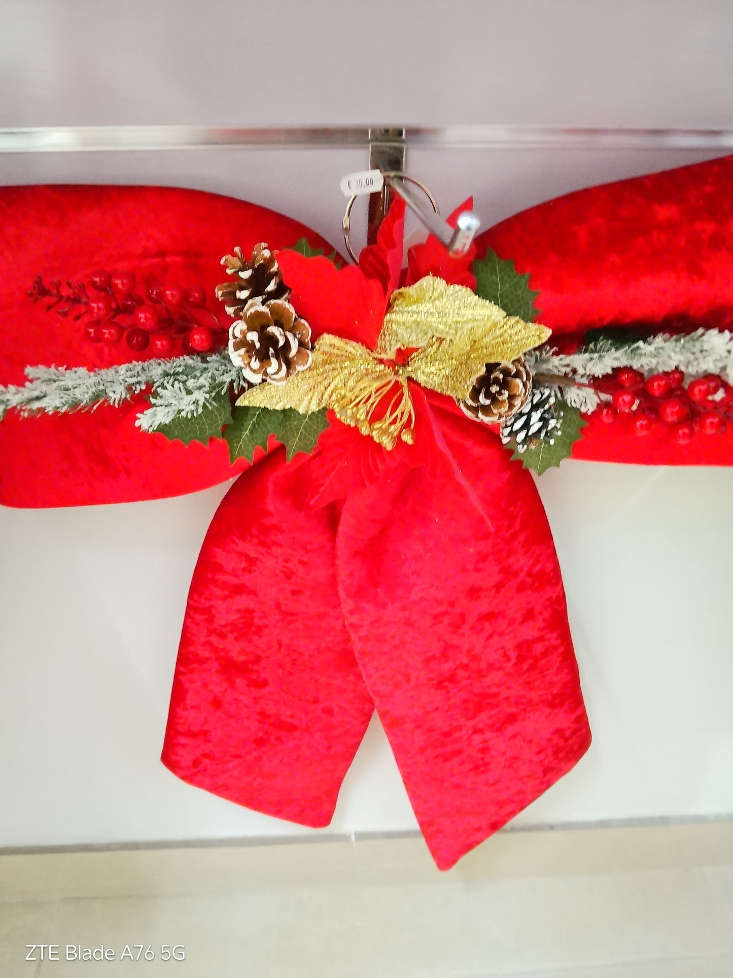 Fiocco Natalizio Gigante "Velluto Rosso e Poinsettia Smeraldo"