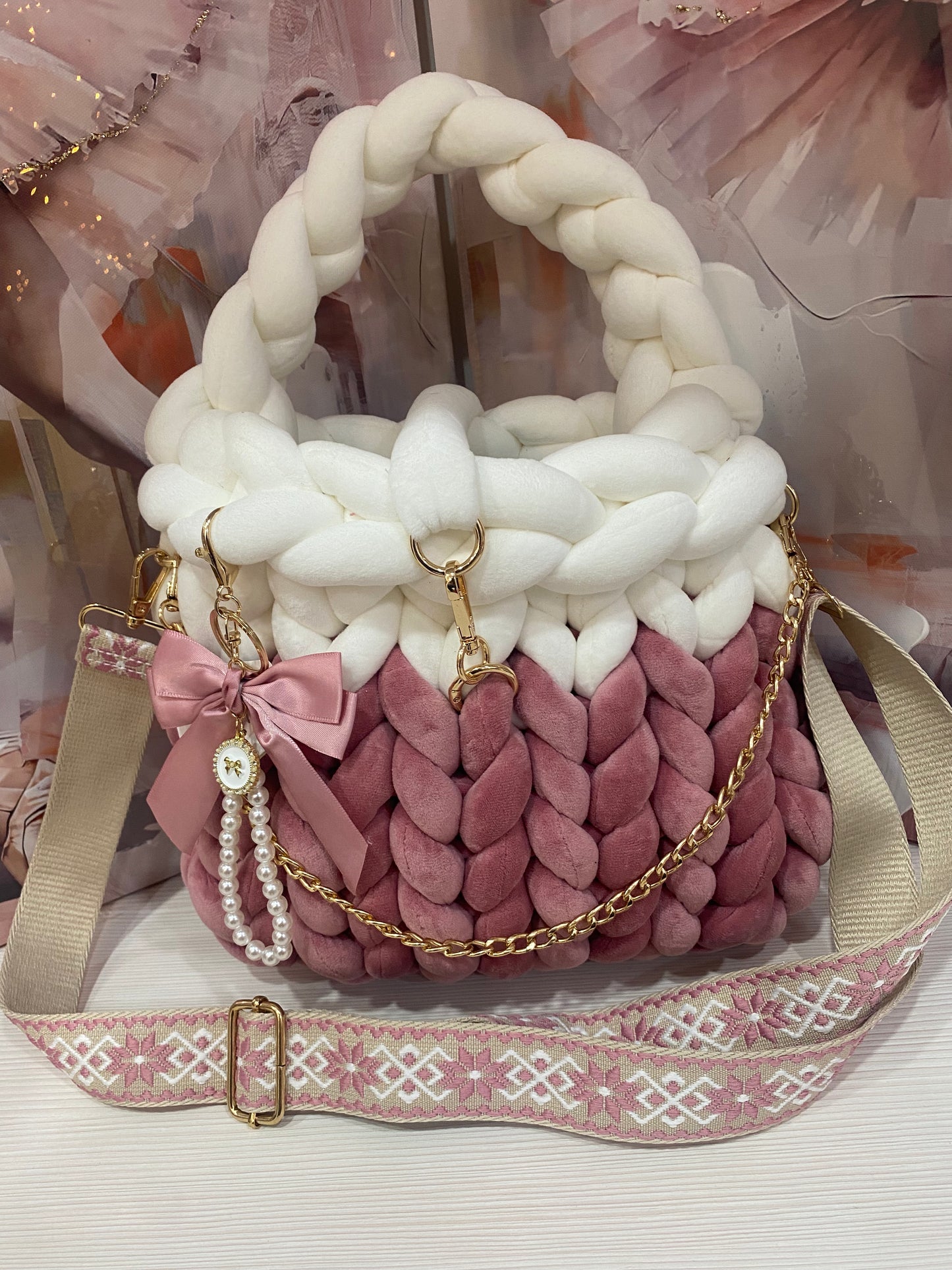 Borsa "Marshmallow" Bicolor Rosa fairy e bianca - Lusso Soffice a Trecce