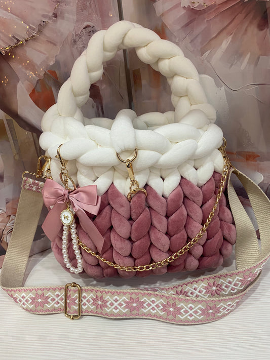 Borsa "Marshmallow" Bicolor Rosa fairy e bianca - Lusso Soffice a Trecce