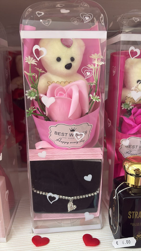 Set Regalo "Pink Romance: Orsetto, Rosa e Bracciale con Cuore